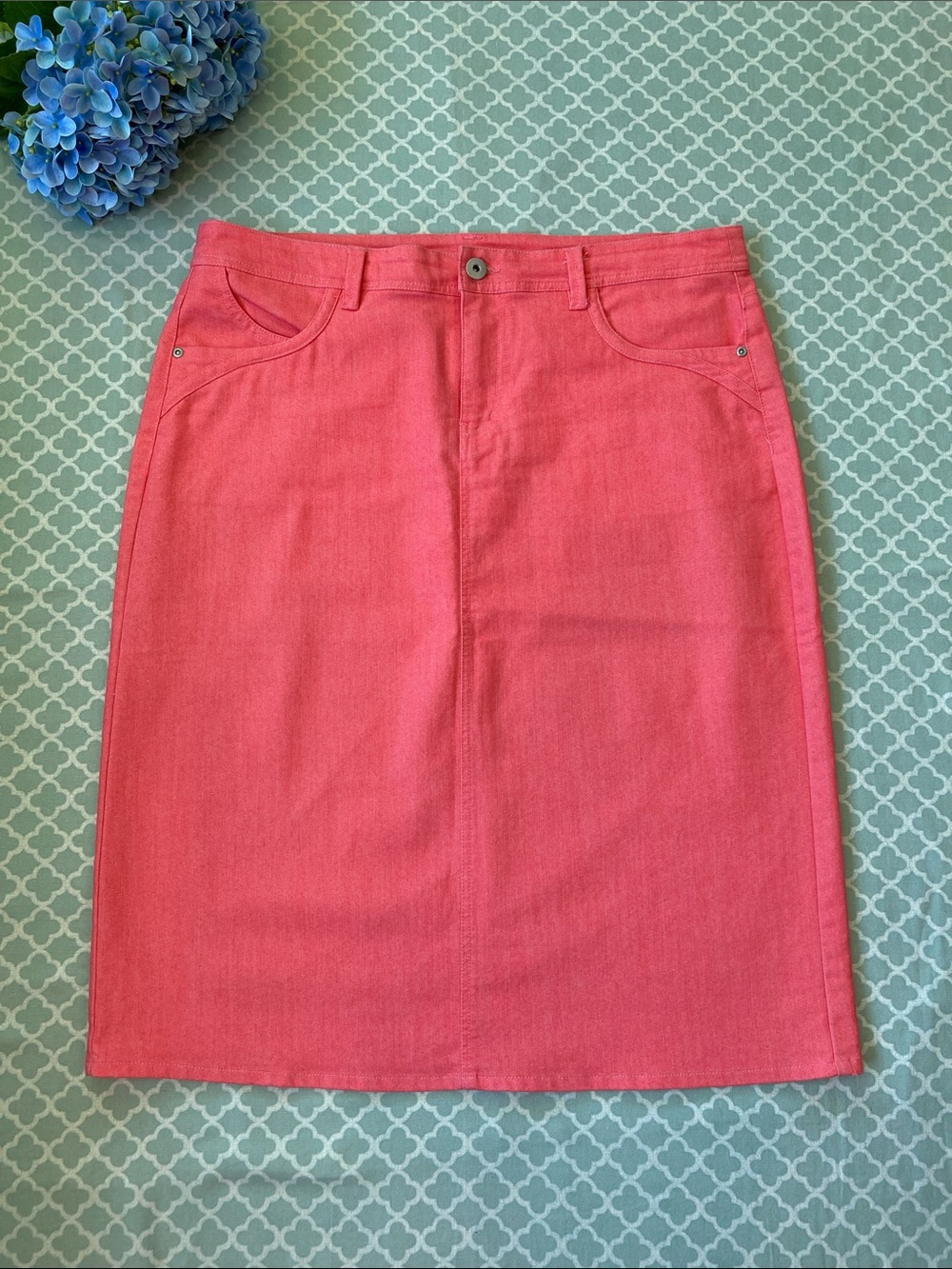 Christopher & Banks Coral Colored Denim Skirt Midi Pencil 14